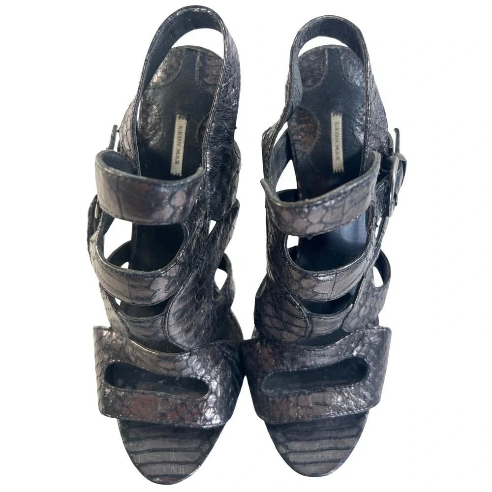 Max Womens Metallic Pewter Snakeskin Embossed Platform Cage Sandals Heels 8M